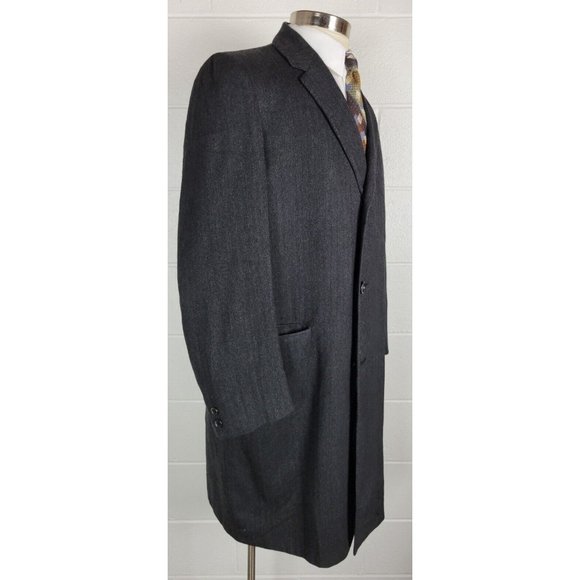 Vintage 50s-60s Charcoal Gray Herringbone Kasheen Kashmir Overcoat Scotland‎ 40R - Picture 3 of 10